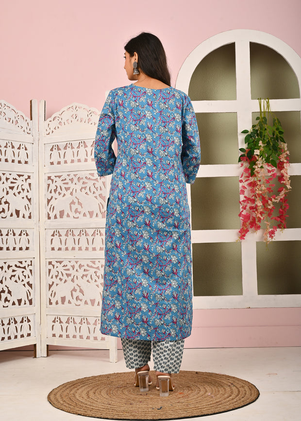 Blue Printed Kurta Set with Dupatta for Women
