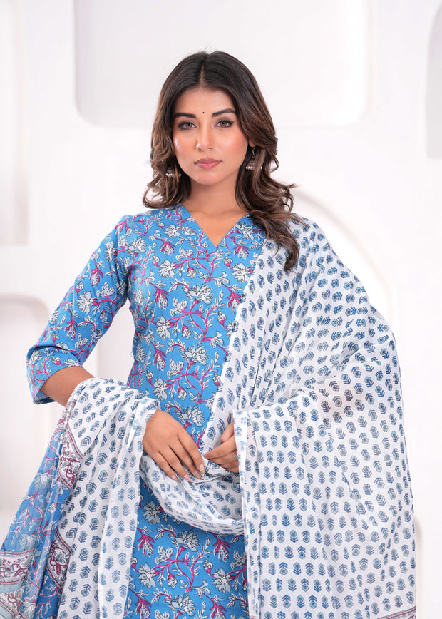 Blue Printed Kurta Set with Dupatta for Women