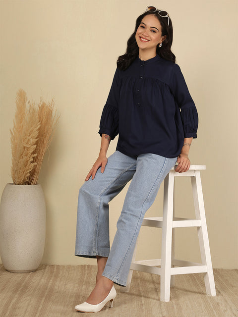 Navy Blue Solid Top for Women