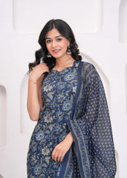 Blue Floral Printed Kurta Set with Dupatta for Women
