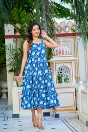 Blue Floral Printed Tired Dress for Women