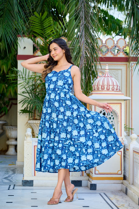Blue Floral Printed Tired Dress for Women