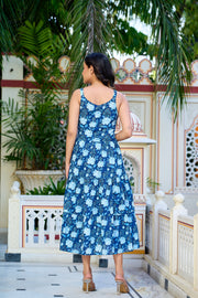 Blue Floral Printed Tired Dress for Women