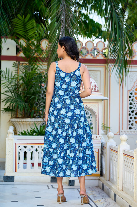 Blue Floral Printed Tired Dress for Women