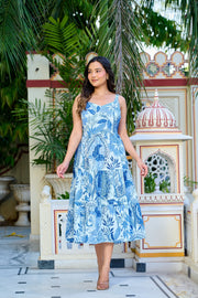 Blue Printed Tired Dress for Women