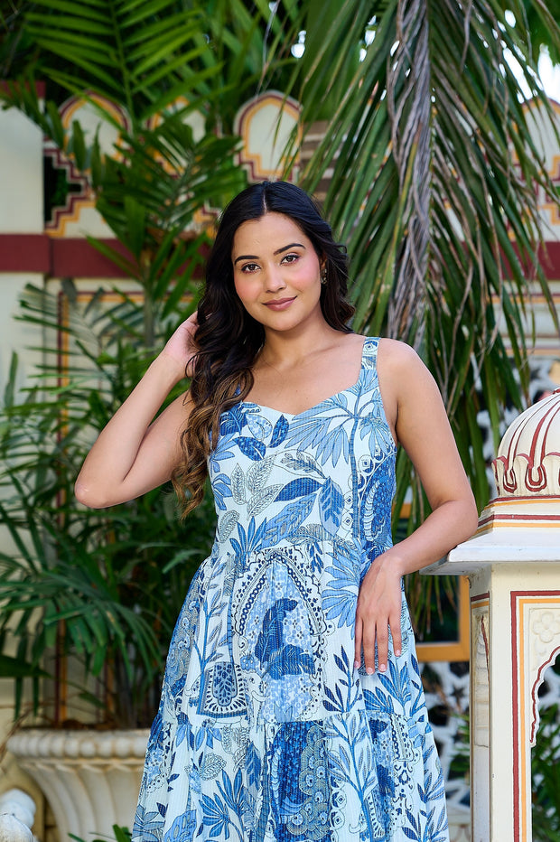 Blue Printed Tired Dress for Women