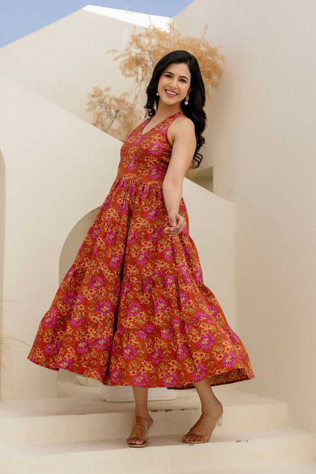 Printed Rust Halter Neck Dress for Women