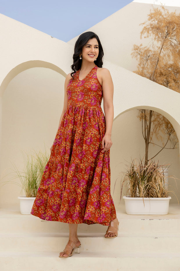Printed Rust Halter Neck Dress for Women