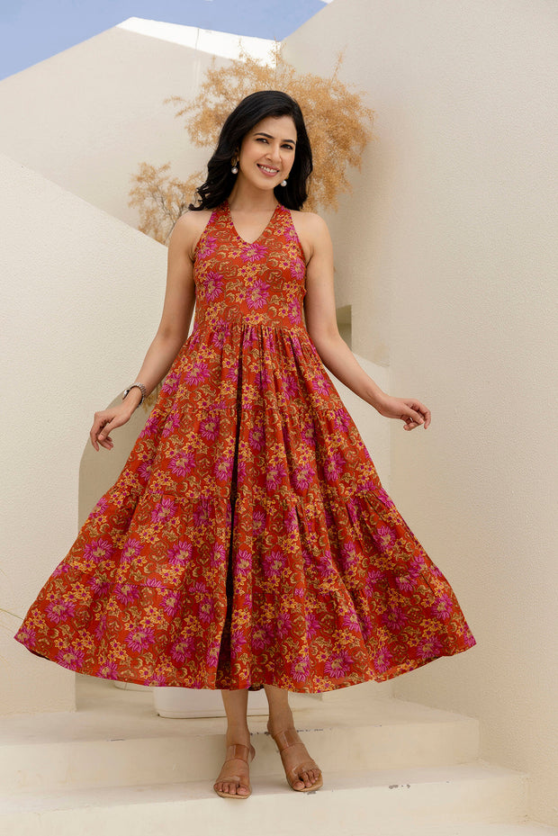 Printed Rust Halter Neck Dress for Women