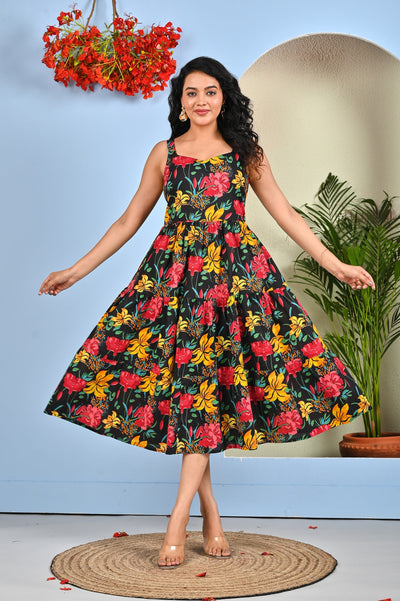 Black Floral Printed Dress for Women