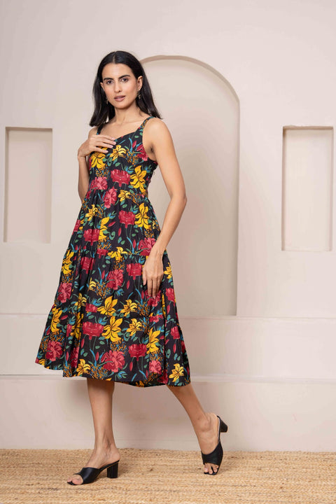 Black Floral Printed Dress for Women