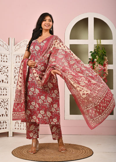 Mauve Floral Printed Kurta Set with Dupatta for Women