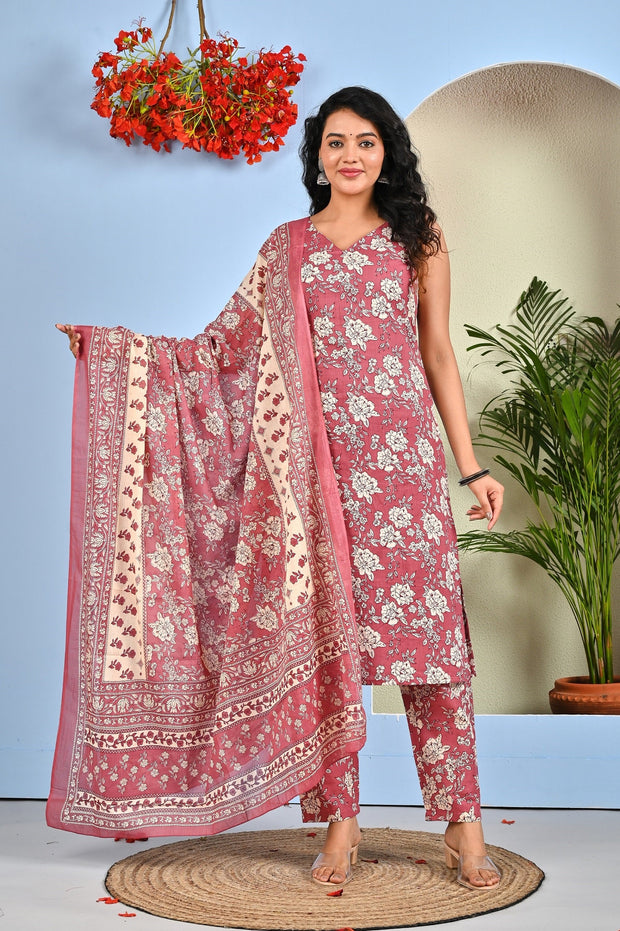 Mauve Floral Printed Kurta Set with Dupatta for Women