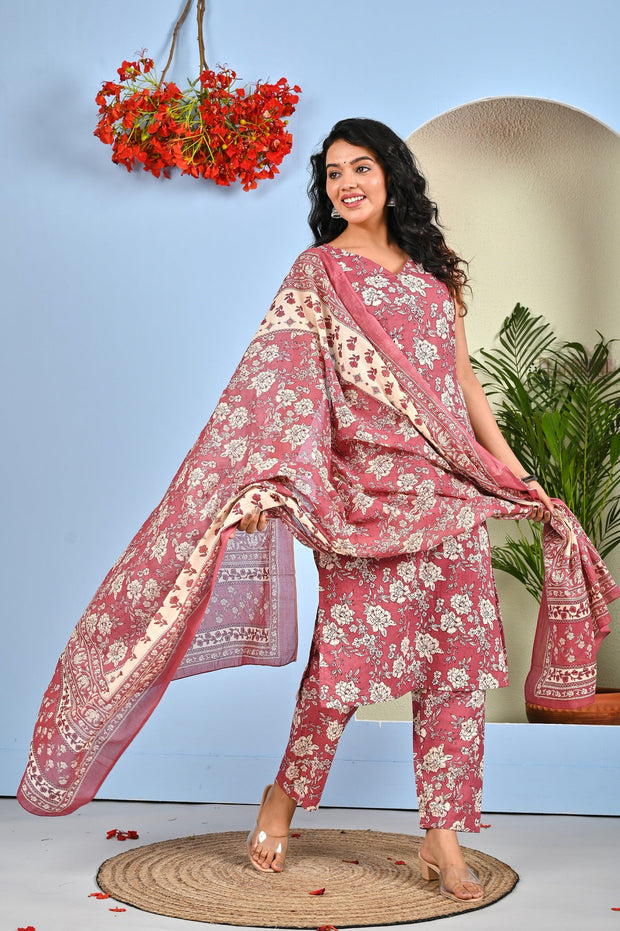Mauve Floral Printed Kurta Set with Dupatta for Women