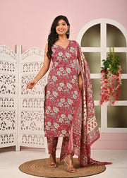 Mauve Floral Printed Kurta Set with Dupatta for Women