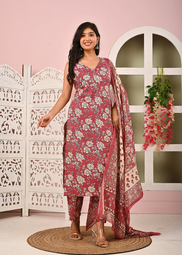 Mauve Floral Printed Kurta Set with Dupatta for Women