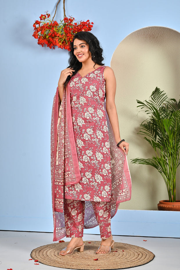 Mauve Floral Printed Kurta Set with Dupatta for Women