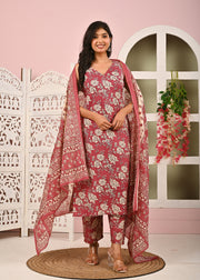 Mauve Floral Printed Kurta Set with Dupatta for Women