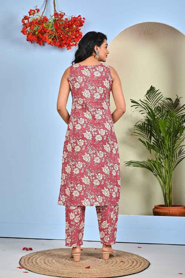 Mauve Floral Printed Kurta Set with Dupatta for Women