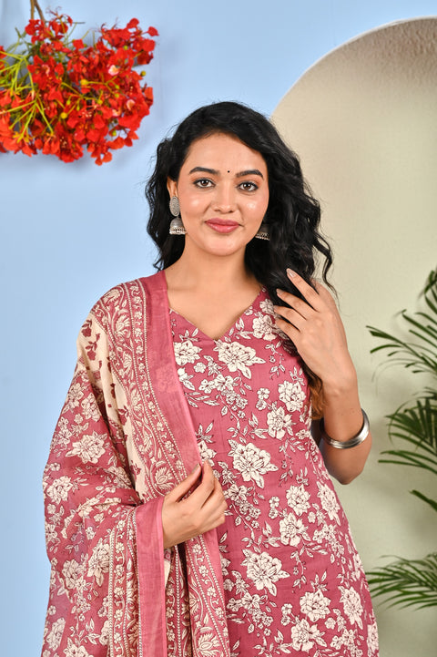Mauve Floral Printed Kurta Set with Dupatta for Women