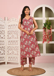 Mauve Floral Printed Kurta Set with Dupatta for Women