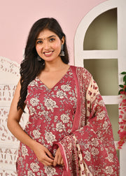 Mauve Floral Printed Kurta Set with Dupatta for Women