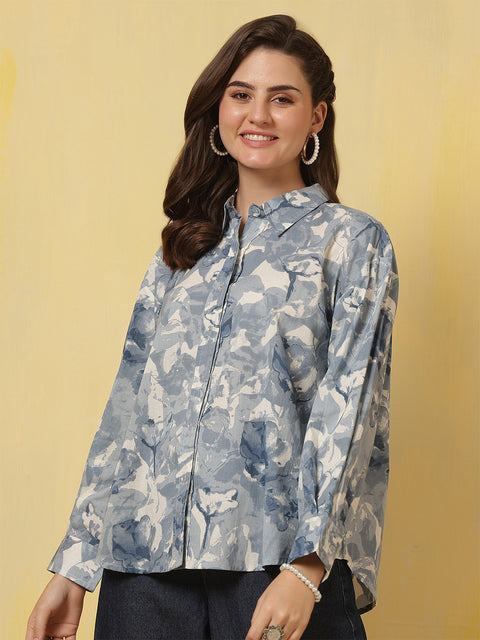 Blue & White Floral Printed Shirt for Women