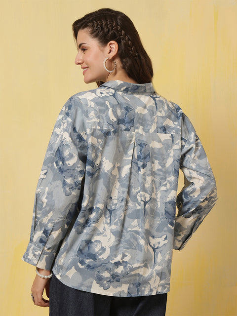 Blue & White Floral Printed Shirt for Women