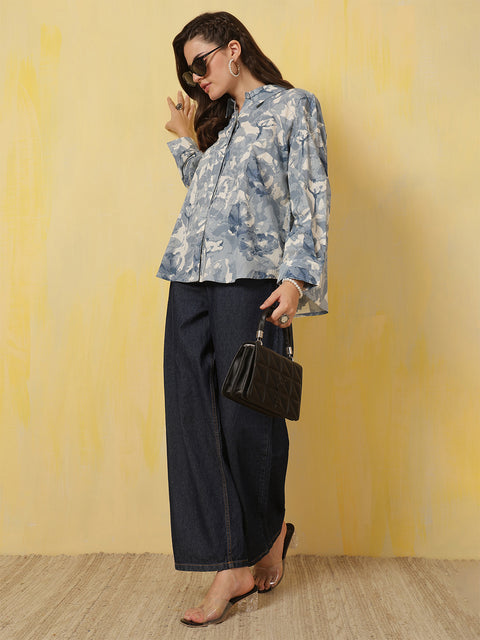 Blue & White Floral Printed Shirt for Women
