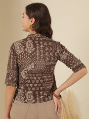 Brown Printed Straight Crop Top