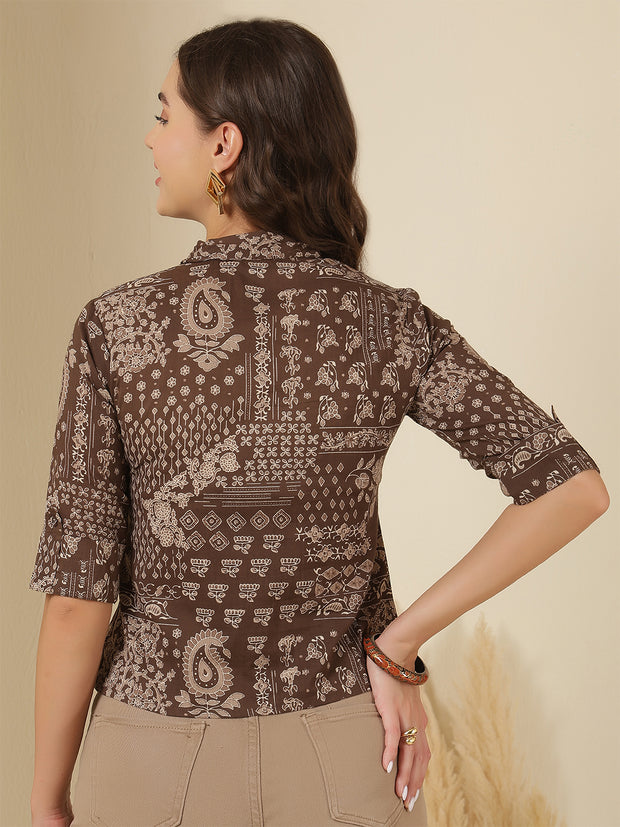 Brown Printed Straight Crop Top