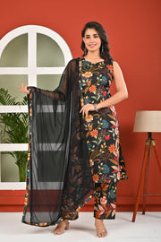 Black Printed Kurta Set with Dupatta for Women