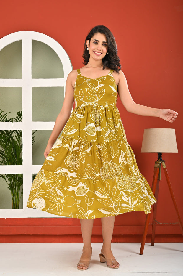 Olive Tropical Printed Dress for Women