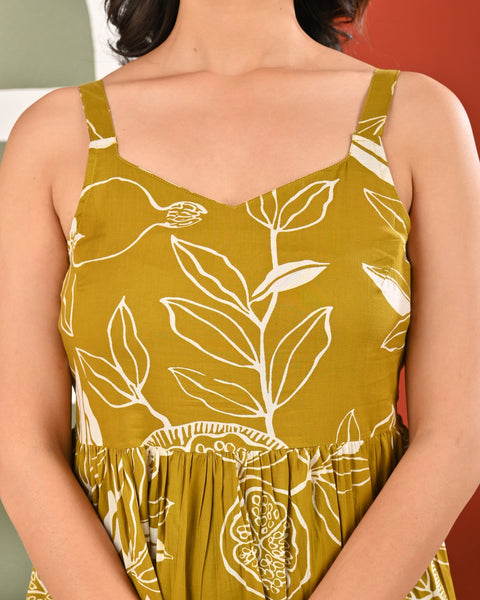 Olive Tropical Printed Dress for Women