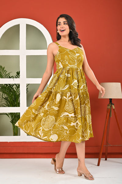 Olive Tropical Printed Dress for Women