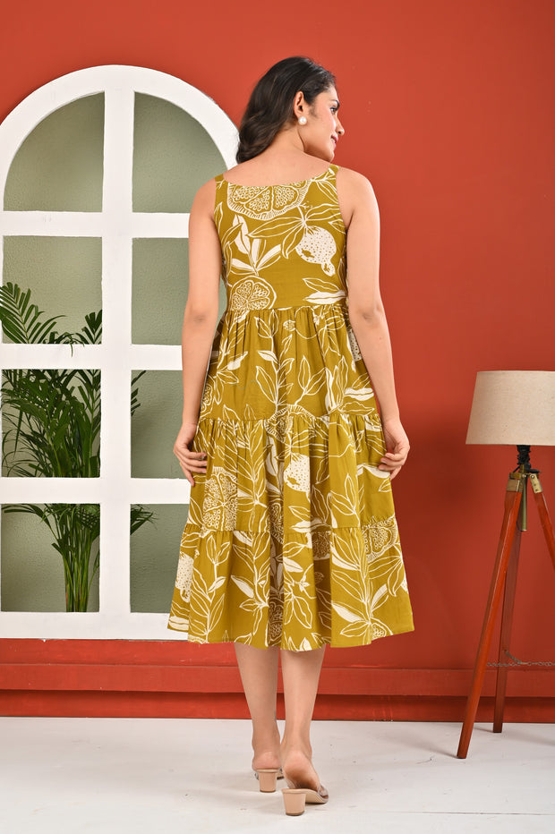 Olive Tropical Printed Dress for Women