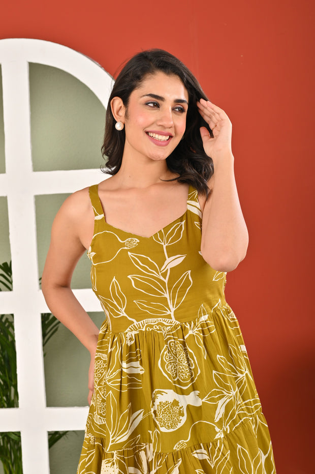 Olive Tropical Printed Dress for Women