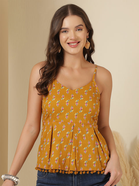 Yellow Printed Sleeveless Top for Women