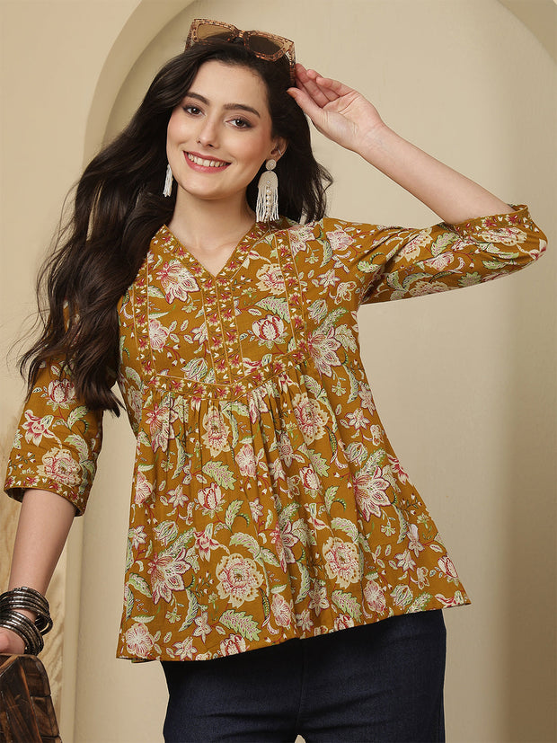 Mustard Floral Printed Top for Women