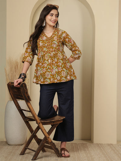Mustard Floral Printed Top for Women
