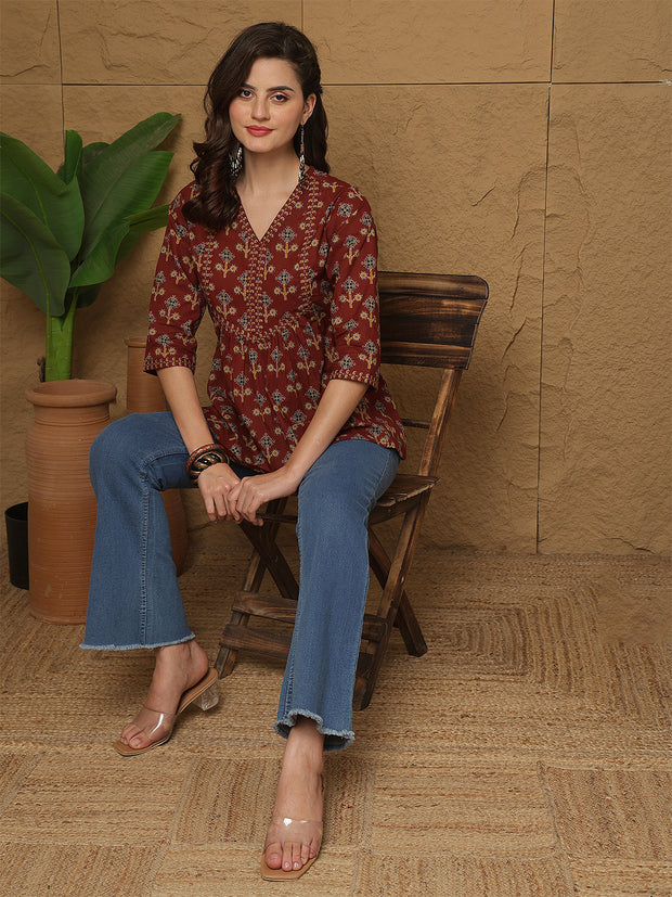 Maroon Printed Top for Women