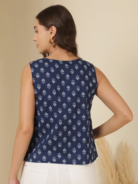 Women Blue Printed Straight Top