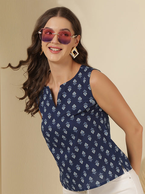 Women Blue Printed Straight Top