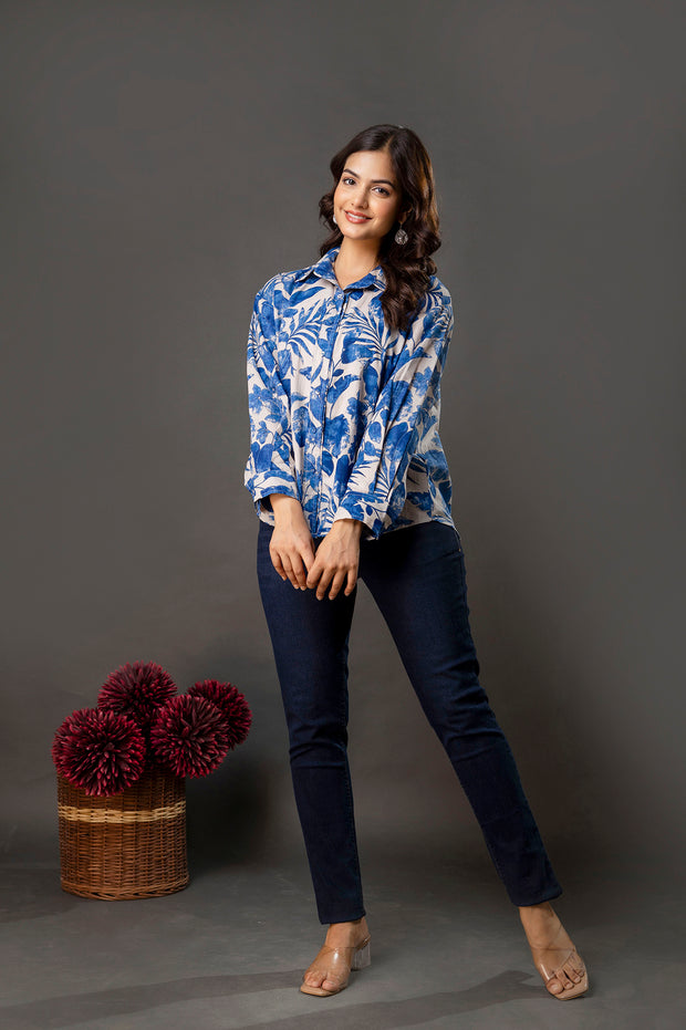 White & Blue Floral Printed Shirt for Women