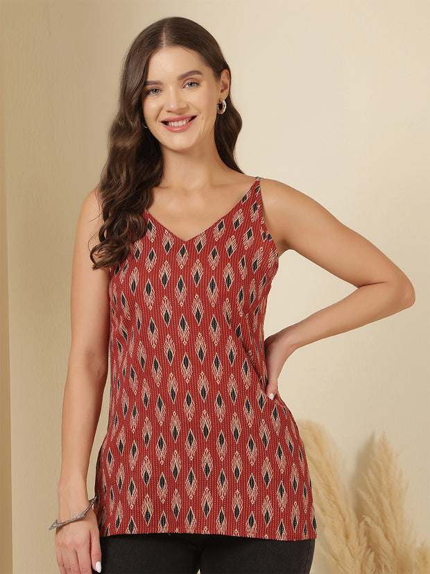 Maroon Printed Sleeveless Tunic for Women