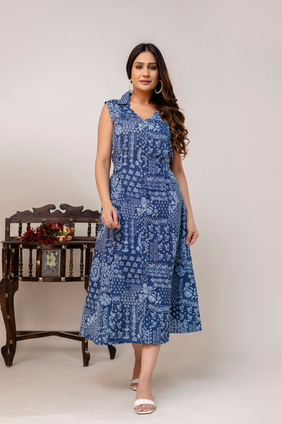 Blue Printed Notched Collar Dress for Women