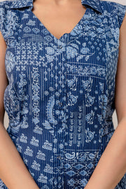 Blue Printed Notched Collar Dress for Women