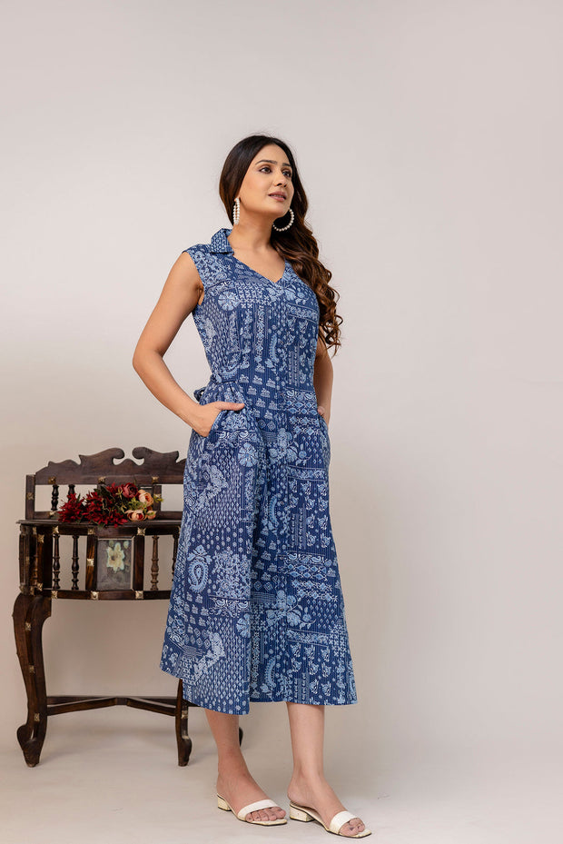 Blue Printed Notched Collar Dress for Women