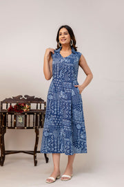 Blue Printed Notched Collar Dress for Women