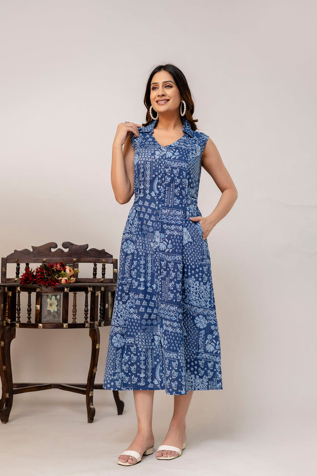 Blue Printed Notched Collar Dress for Women
